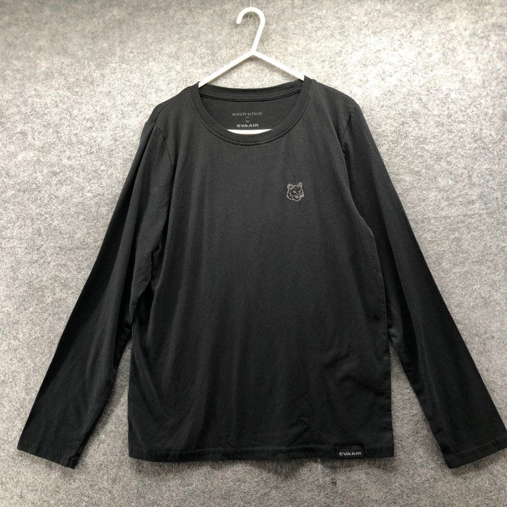 Maison Kitsune x EVA AIR Long Sleeve Shirt Mens M Black Fox Logo Top Tee